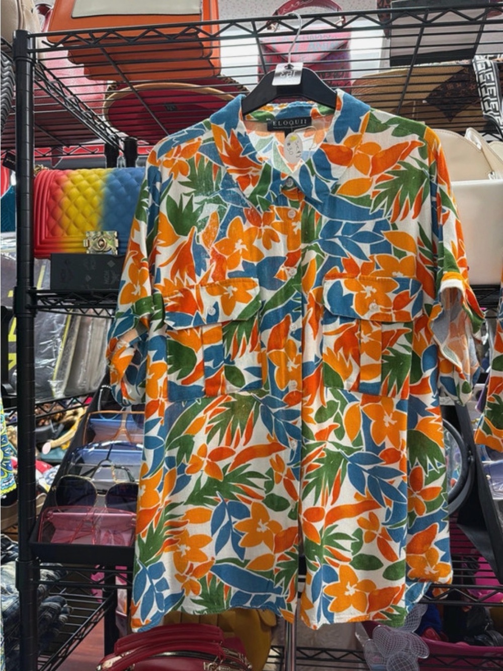 Eloquii Orange, Blue & Green Tropical Button-Up Shirt